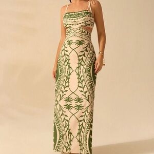 Strapless Printed Maxi Dress in Beige and Dark Green